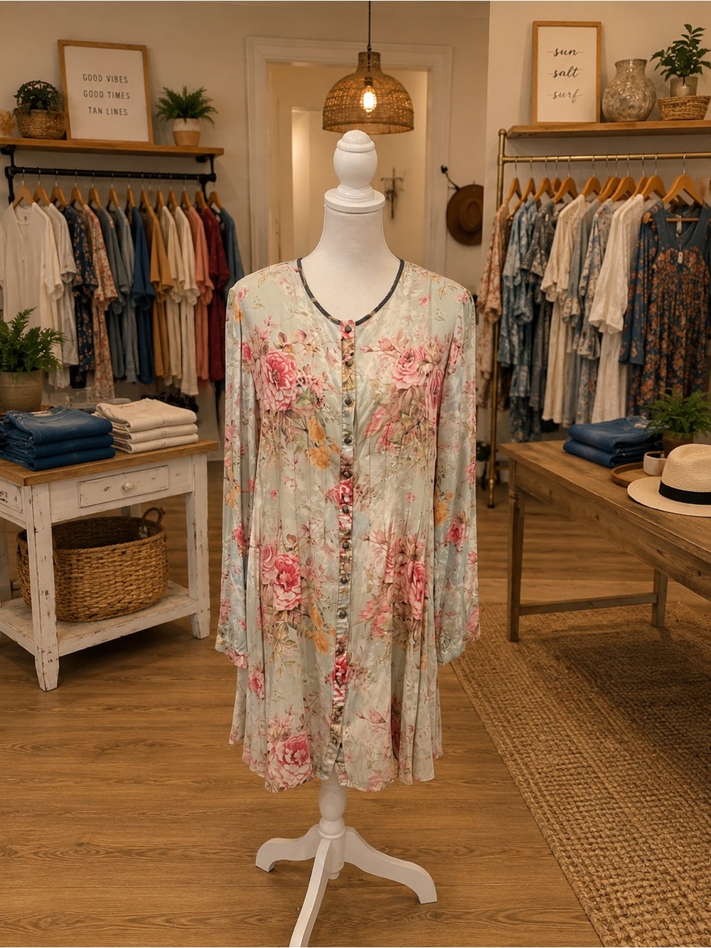 Aratta Mint Floral Button-Front Long Sleeve Dress with Pink Roses